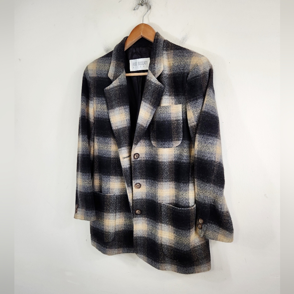 Vintage Black Cream Plaid Wool Blend Blazer
